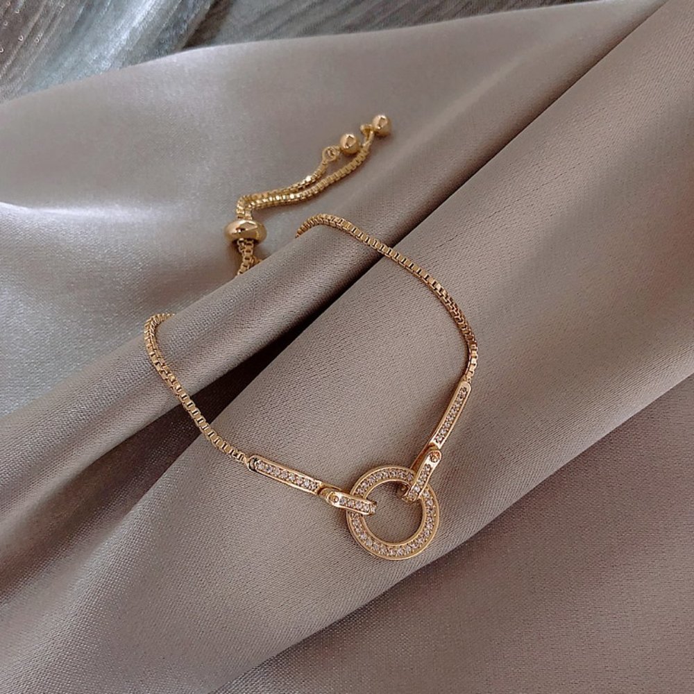 NEW Gold Circle Round Diamond Link Bar Adjustable Bracelet - Picture 7 of 9